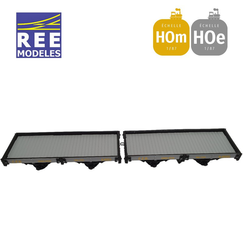 Coffret 2 wagons plats freiné et non freiné gris et ferrures noires HOm/HOe REE VM-038-Maketis
