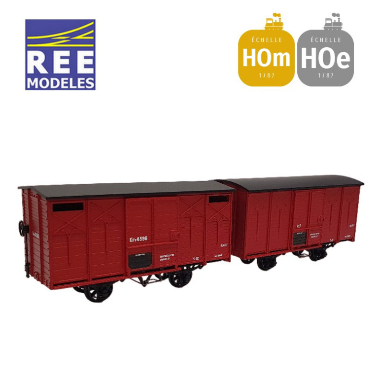 Coffret 2 wagons couverts non freiné et freiné toit rond et en pentes rouge UIC SNCF HOm/HOe REE VM-030-Maketis