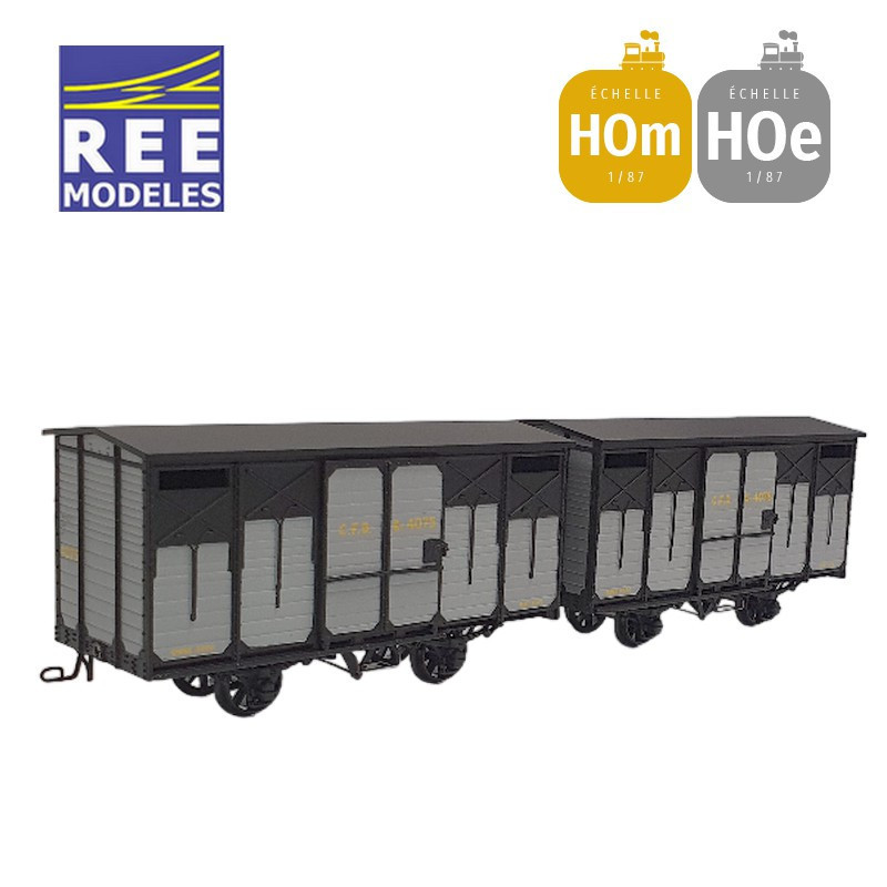 Coffret 2 wagons couverts freinés toit 2 pentes ferrures noires HOm/HOe REE VM-027