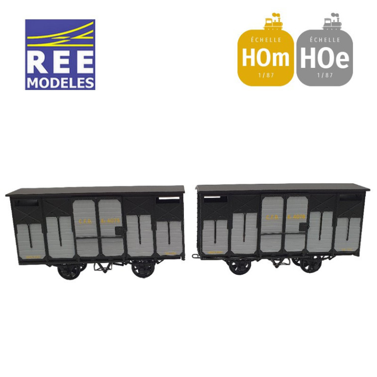 Coffret 2 wagons couverts freinés toit 2 pentes ferrures noires HOm/HOe REE VM-027 Coffret 2 wagons couverts freinés toit 2 pentes ferrures noires HOm/HOe REE VM-027