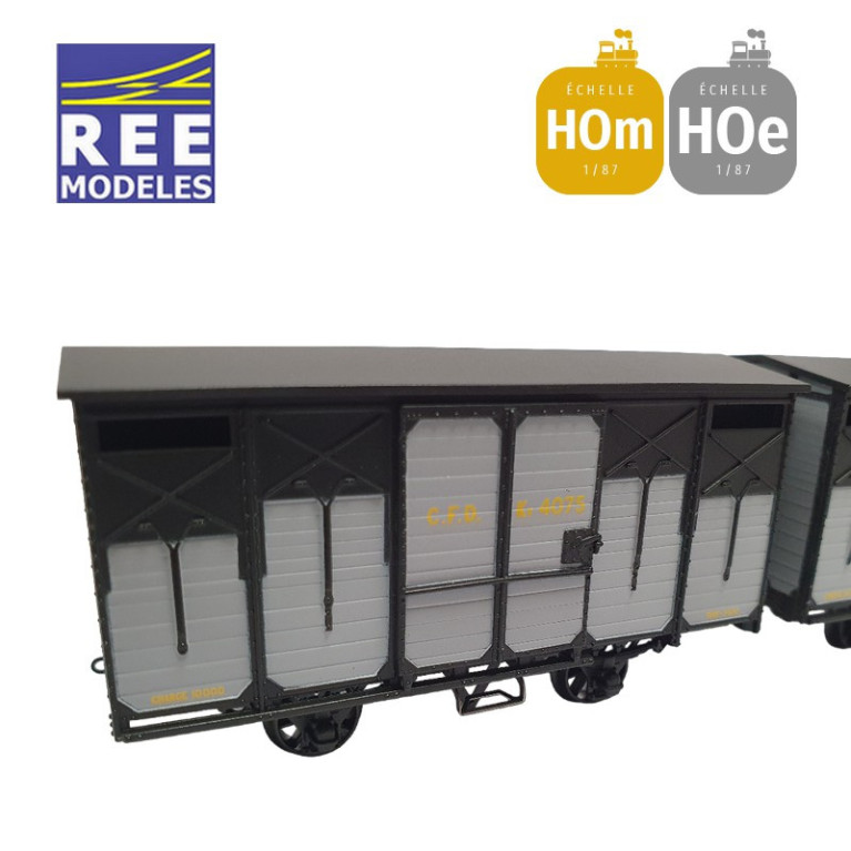 Coffret 2 wagons couverts freinés toit 2 pentes ferrures noires HOm/HOe REE VM-027 Coffret 2 wagons couverts freinés toit 2 pentes ferrures noires HOm/HOe REE VM-027
