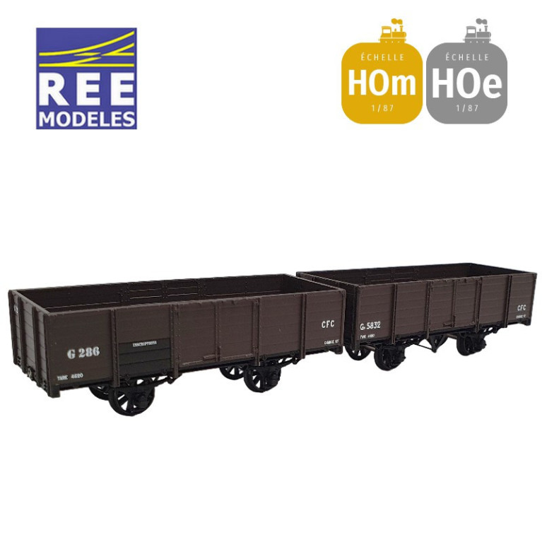 Coffret 2 wagons tombereaux freiné et non freiné brun CFC HOm/HOe REE VM-033-Maketis