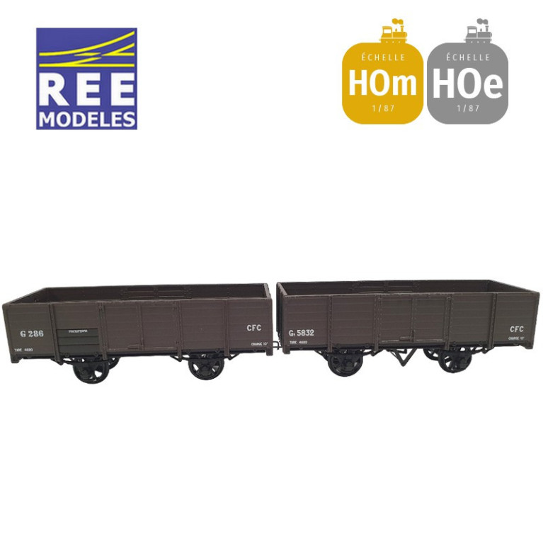 Coffret 2 wagons tombereaux freiné et non freiné brun CFC HOm/HOe REE VM-033-Maketis