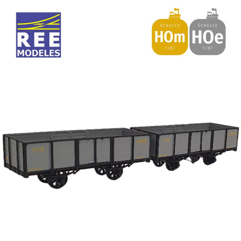 Coffret 2 wagons tombereaux freiné et non freiné, gris et ferrures noires HOm/HOe REE VM-031-Maketis