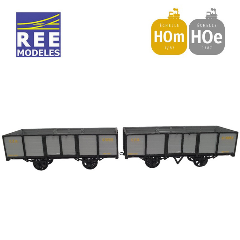 Coffret 2 wagons tombereaux freiné et non freiné, gris et ferrures noires HOm/HOe REE VM-031-Maketis Coffret 2 wagons tombereaux freiné et non freiné, gris et ferrures noires HOm/HOe REE VM-031-Maketis
