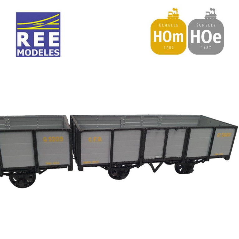 Coffret 2 wagons tombereaux freiné et non freiné, gris et ferrures noires HOm/HOe REE VM-031-Maketis