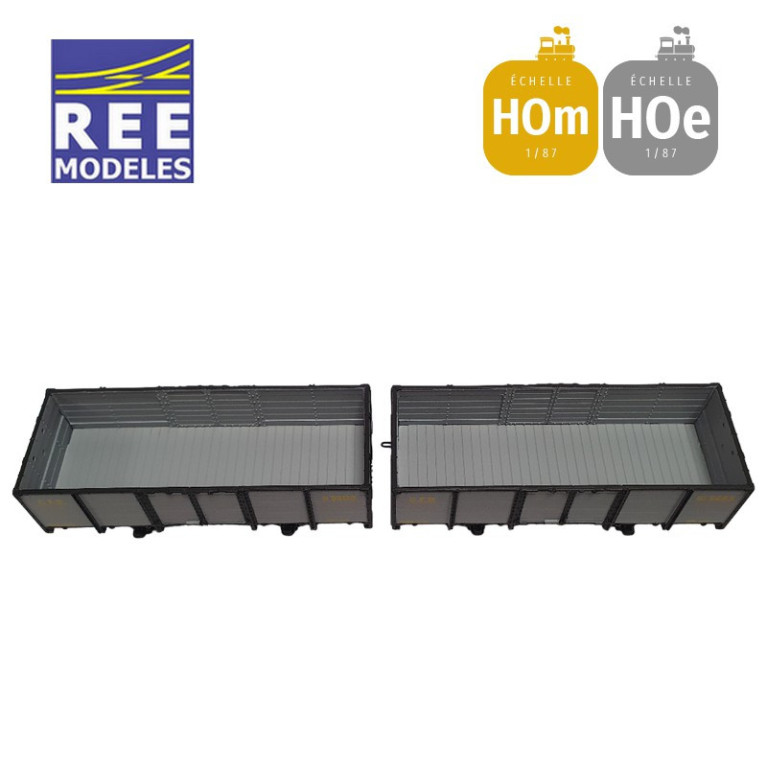 Coffret 2 wagons tombereaux freiné et non freiné, gris et ferrures noires HOm/HOe REE VM-031-Maketis Coffret 2 wagons tombereaux freiné et non freiné, gris et ferrures noires HOm/HOe REE VM-031-Maketis