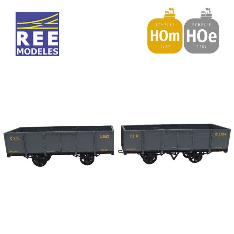 Coffret 2 wagons tombereaux freiné et non freiné, gris foncé HOm/HOe REE VM-032-Maketis