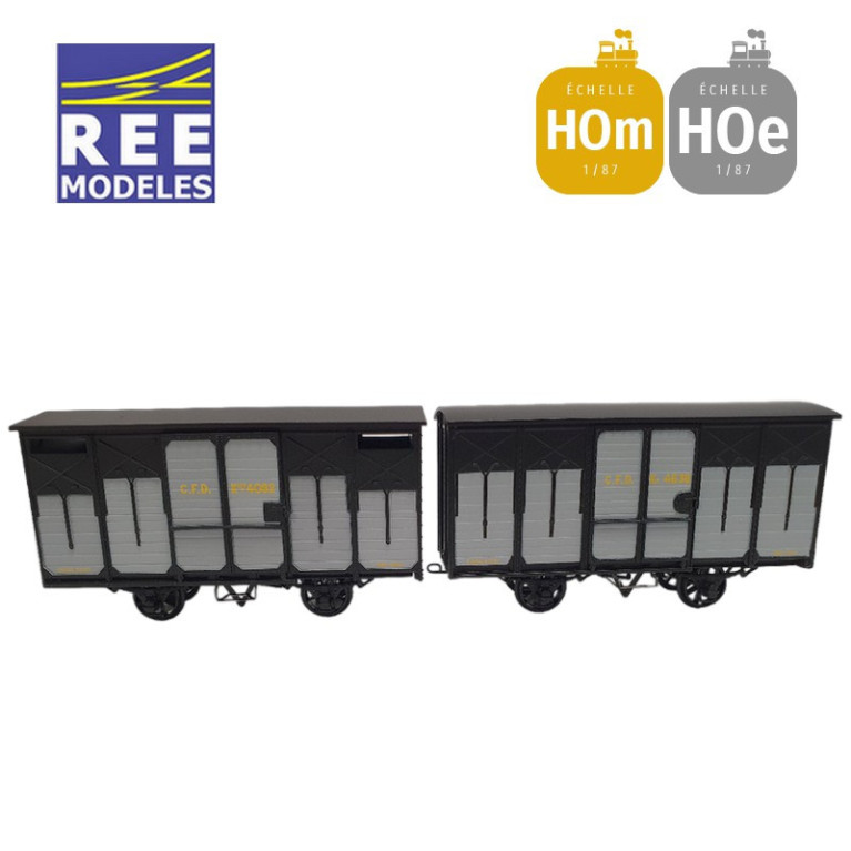 Coffret 2 wagons couverts freinés toit rond et toit 2 pentes ferrures noires HOm/HOe REE VM-026-Maketis Coffret 2 wagons couverts freinés toit rond et toit 2 pentes ferrures noires HOm/HOe REE VM-026-Maketis