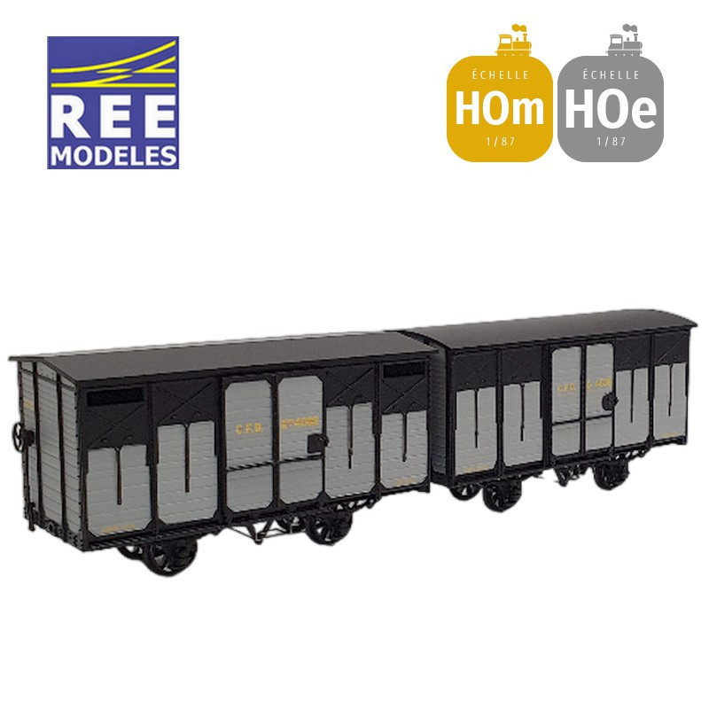 Coffret 2 wagons couverts freinés toit rond et toit 2 pentes ferrures noires HOm/HOe REE VM-026-Maketis