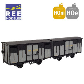Coffret 2 wagons couverts freinés toit rond et toit 2 pentes ferrures noires HOm/HOe REE VM-026-Maketis