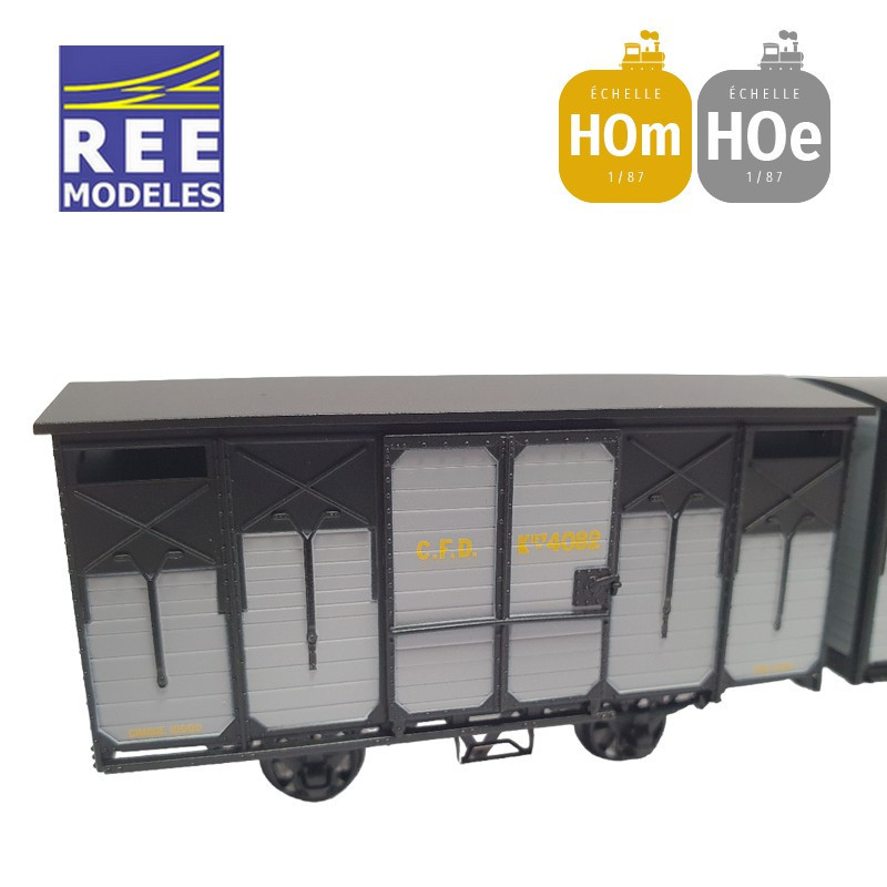 Coffret 2 wagons couverts freinés toit rond et toit 2 pentes ferrures noires HOm/HOe REE VM-026-Maketis