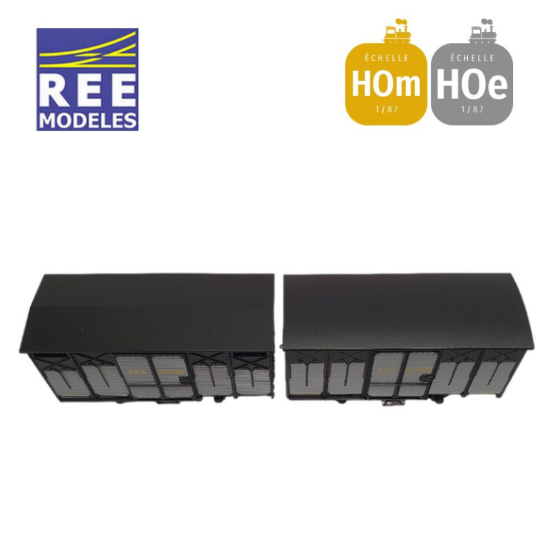 Coffret 2 wagons couverts freinés toit rond et toit 2 pentes ferrures noires HOm/HOe REE VM-026-Maketis Coffret 2 wagons couverts freinés toit rond et toit 2 pentes ferrures noires HOm/HOe REE VM-026-Maketis