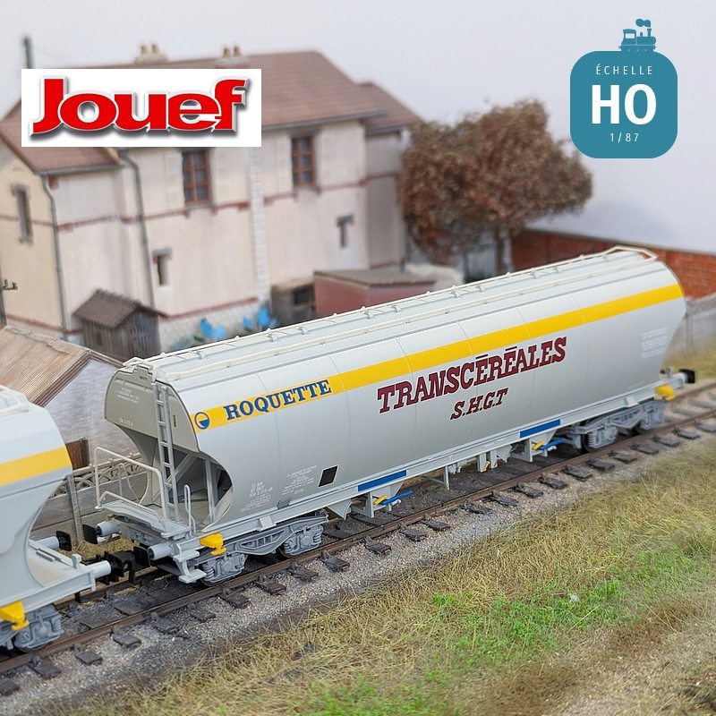 Set of 2 grey/yellow hopper wagons "Transcéréales S.H.G.T. Roquette" SNCF Ep IV HO Jouef HJ6269 - Maketis