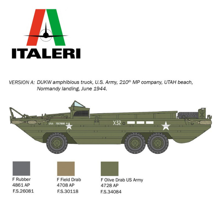 Military amphibious vehicle DUKW 2 1/2 ton GMC version "D-Day 80° Anniversary" WWII 1/72 Italeri 7022 - Maketis