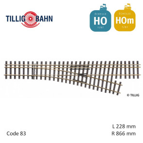 Right points H0/H0m-H0m, R866 length 228 mm H0 Tillig 85193