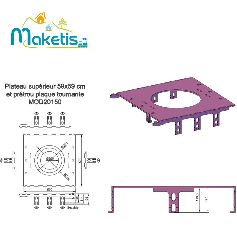 Pre-cut 59x59cm upper platform for turntable, 4 dividable heights MOD20150