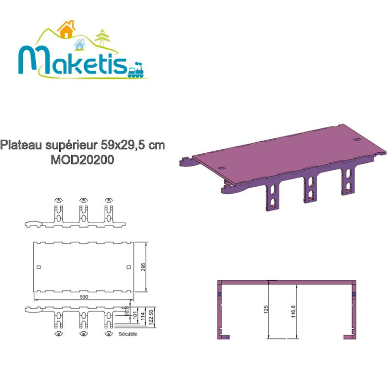 Plateau supérieur 59x29,5cm pour relief positif 4 hauteurs sécables MOD20200 - Maketis