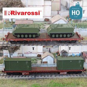Coffret 2 wagons plats (1 Rgs 2 conteneurs 20',1 Rgmms 2 véhicules militaires M113) FS Ep IV-V HO Rivarossi HR6612 - Maketis