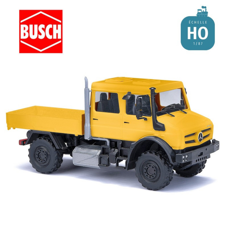 Camion Mercedes-Benz Unimog U 5023 double cabine jaune HO Busch 51080 - Maketis