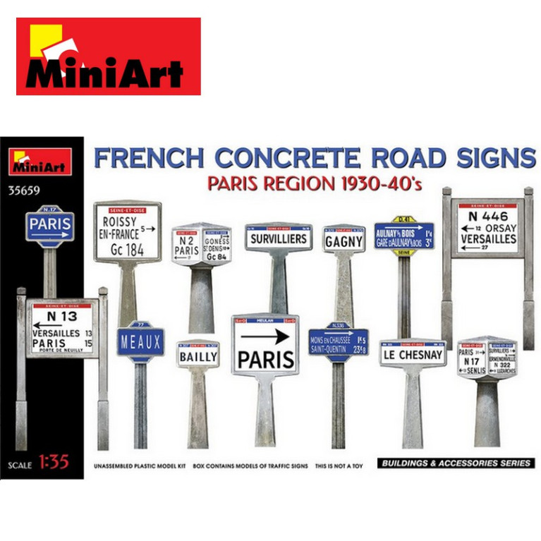 Panneaux routiers français en béton 1930-40's. Région Parisienne WWII 1/35 MiniArt 35659 - Maketis Panneaux routiers français en béton 1930-40's. Région Parisienne WWII 1/35 MiniArt 35659 - Maketis