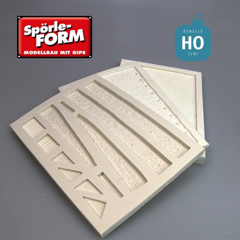 Set de 3 moules pour quai marchandises haut avec rampe base pierres naturelles HO Spörle 2052