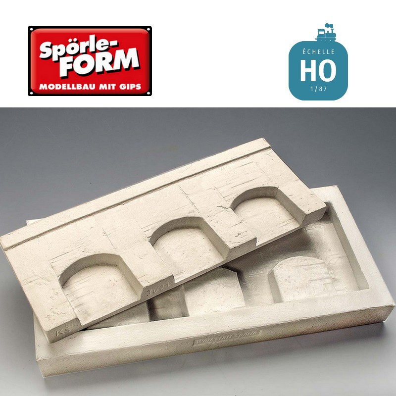 Moule mur de soutènement en béton avec 3 arcades basses 130x50 mm HO Spörle 3021 - Maketis