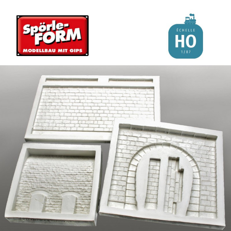 Set de 3 moules pour construction de tunnels en carrés de grès voie unique avec caténaire HO Spörle 6330 - Maketis