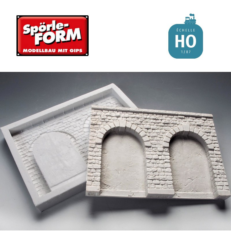 Moule mur de soutènement à 2 arcades hautes voûte crépie à l'intérieur 140x100x14mm HO Spörle 6407
