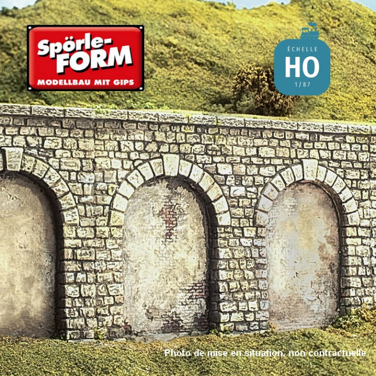 Moule mur de soutènement à 2 arcades hautes voûte crépie à l'intérieur 140x100x14mm HO Spörle 6407