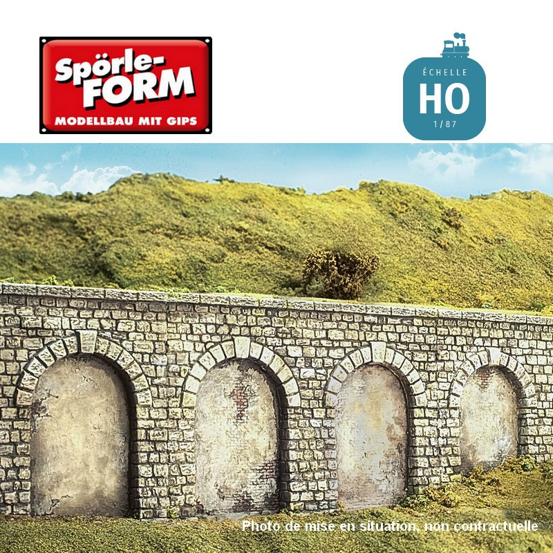 Moule mur de soutènement à 2 arcades hautes voûte crépie à l'intérieur 140x100x14mm HO Spörle 6407