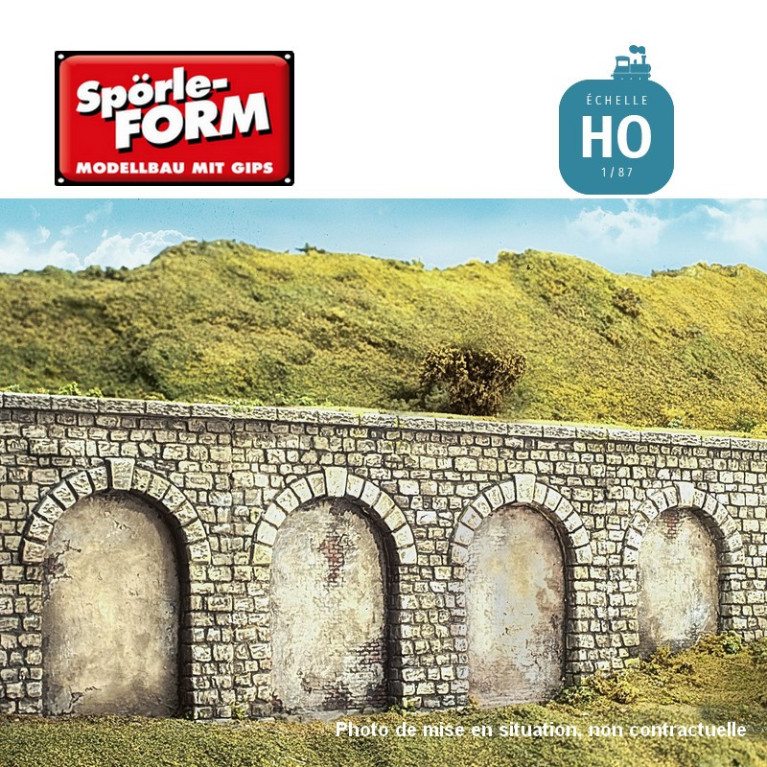 Moule mur de soutènement à 2 arcades hautes voûte crépie à l'intérieur 140x100x14mm HO Spörle 6407