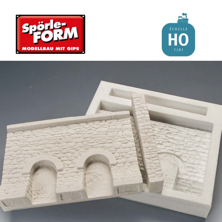 Moule mur de soutènement bas avec 2 niches et pilier séparé 95x68x14mm HO Spörle 6408 - Maketis