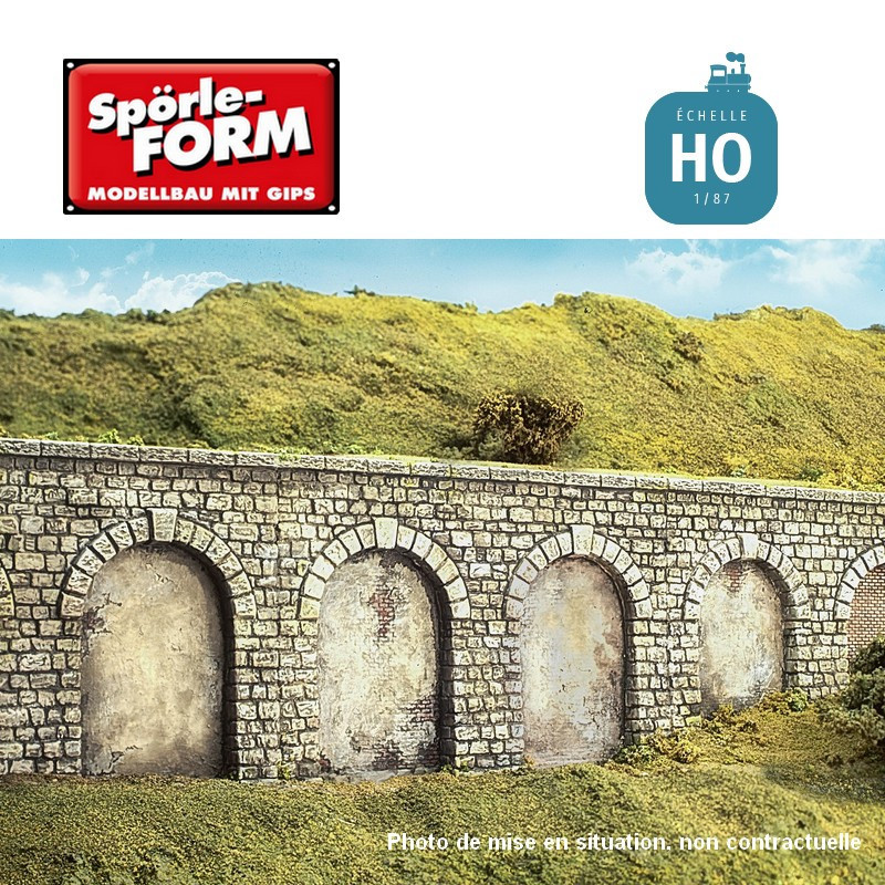 Moule mur de soutènement bas avec 2 niches et pilier séparé 95x68x14mm HO Spörle 6408 - Maketis