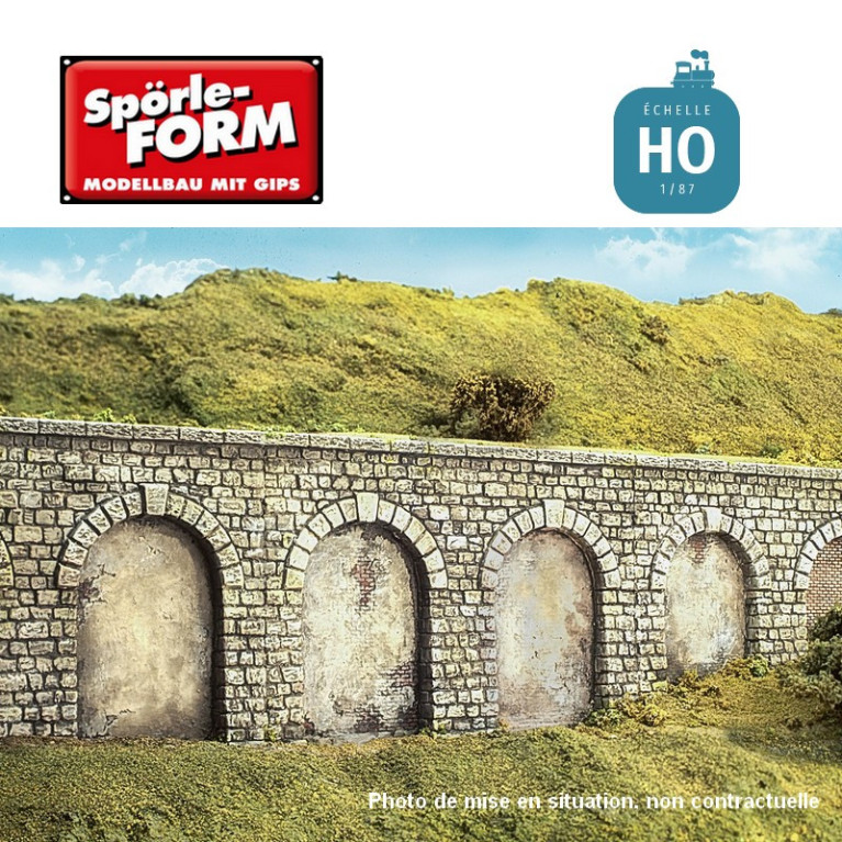 Moule mur de soutènement bas avec 2 niches et pilier séparé 95x68x14mm HO Spörle 6408 - Maketis