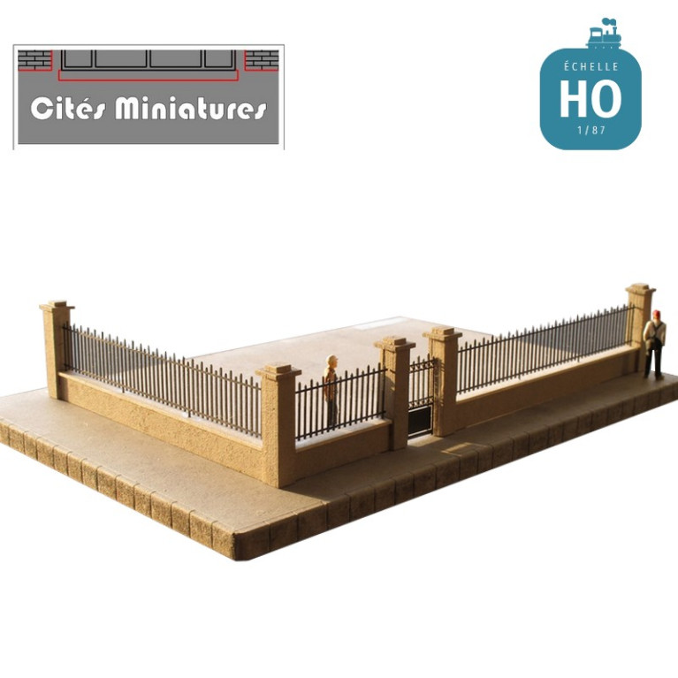 Murs d'enceinte pour pavillon en ciment avec grilles fer forgé - Echelle HO CMBV-014-CL-HO - Maketis Murs d'enceinte pour pavillon en ciment avec grilles fer forgé - Echelle HO CMBV-014-CL-HO - Maketis
