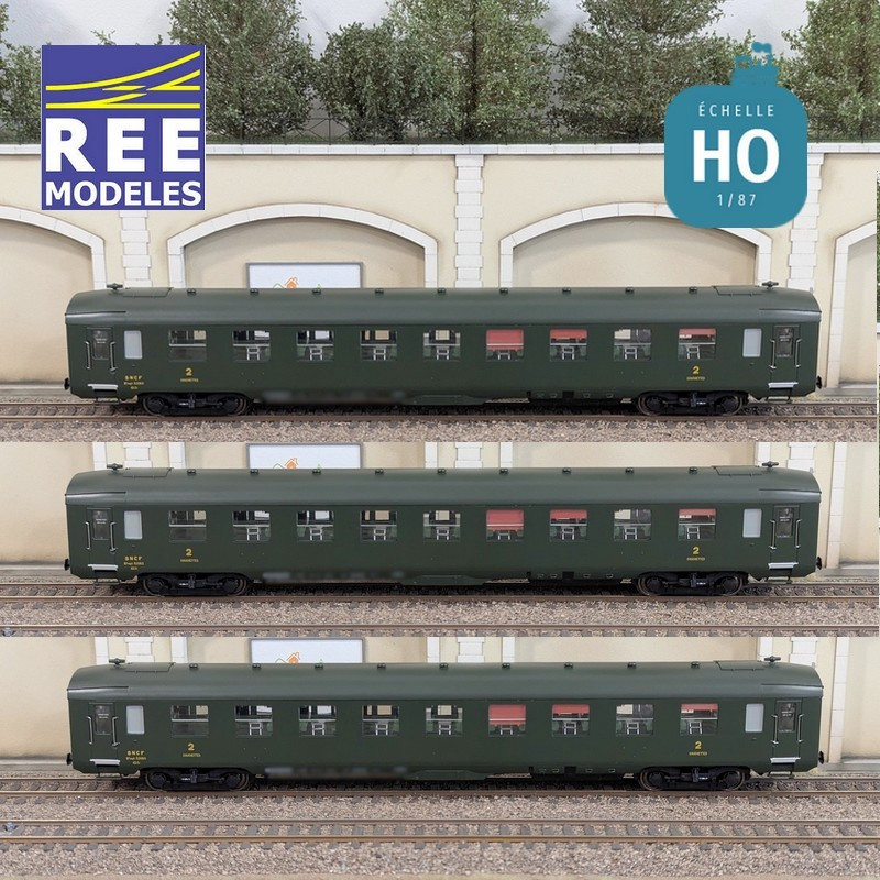 Set of 3 Green DEV AO Couchettes SNCF EP IIIb HO REE VB-399-Maketis carriages