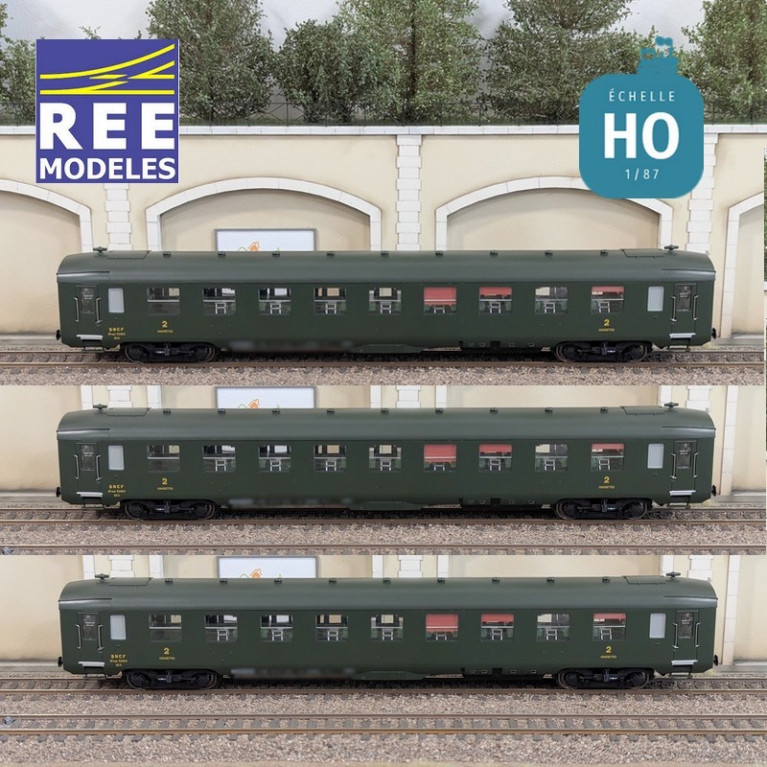 Set of 3 Green DEV AO Couchettes SNCF EP IIIb HO REE VB-399-Maketis carriages