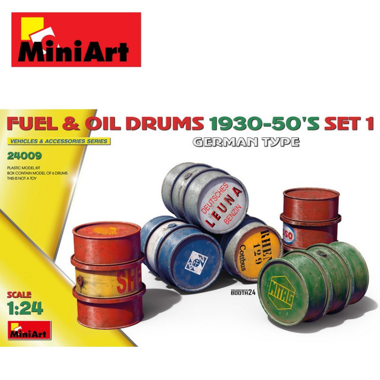 Fûts de carburant et d'huile 1930-50's Set 1 type allemand 6pcs 1/24 MiniArt 24009 - Maketis