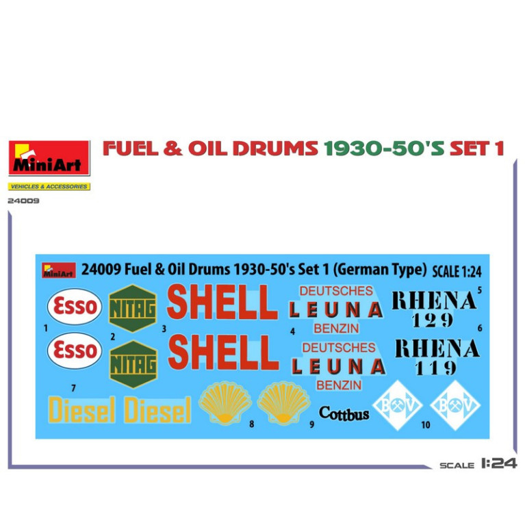 Fûts de carburant et d'huile 1930-50's Set 1 type allemand 6pcs 1/24 MiniArt 24009 - Maketis