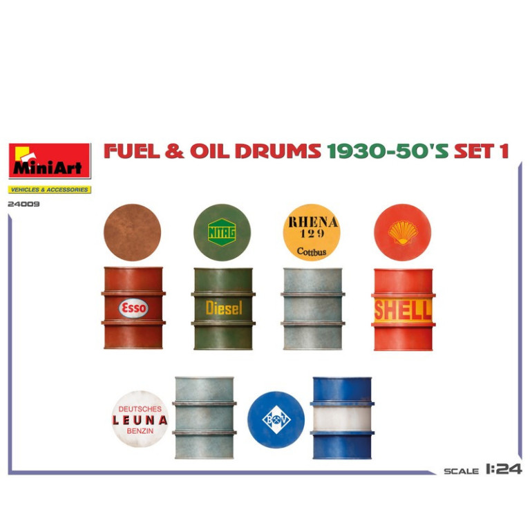 Fûts de carburant et d'huile 1930-50's Set 1 type allemand 6pcs 1/24 MiniArt 24009 - Maketis