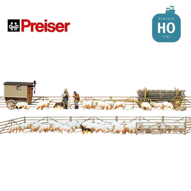 Elevage de moutons 80 figurines et accessoires HO Preiser 13003 - Maketis