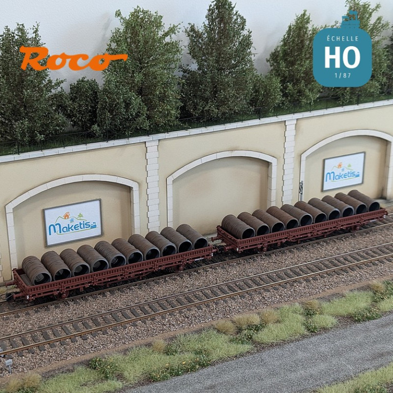 Set de 2 wagons plats à ranchers pivotants chargés de bobines SNCF EP IV HO Roco 6600119 - Maketis Set de 2 wagons plats à ranchers pivotants chargés de bobines SNCF EP IV HO Roco 6600119 - Maketis