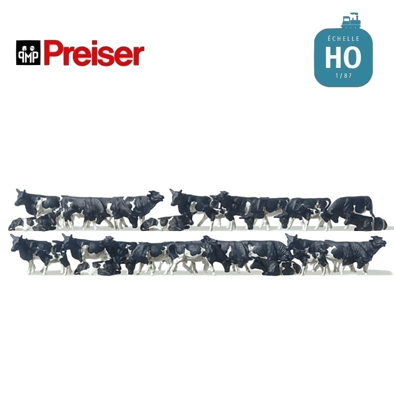 Vaches noires et blanches 30 pièces HO Preiser 14408 - Maketis