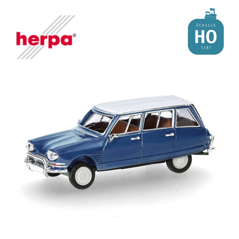Voiture Citroën AMI 6 break bleu gentiane toit blanc HO Herpa 038959-002 - Maketis