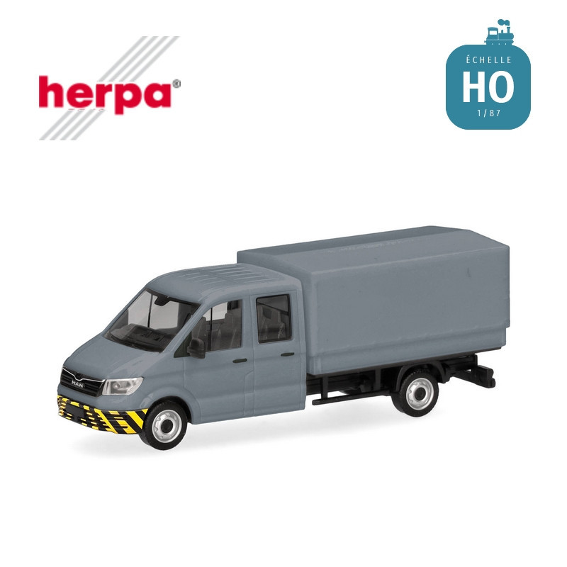 Camionnette MAN TGE double cabine grise avec benne bâchée HO Herpa 098328 - Maketis