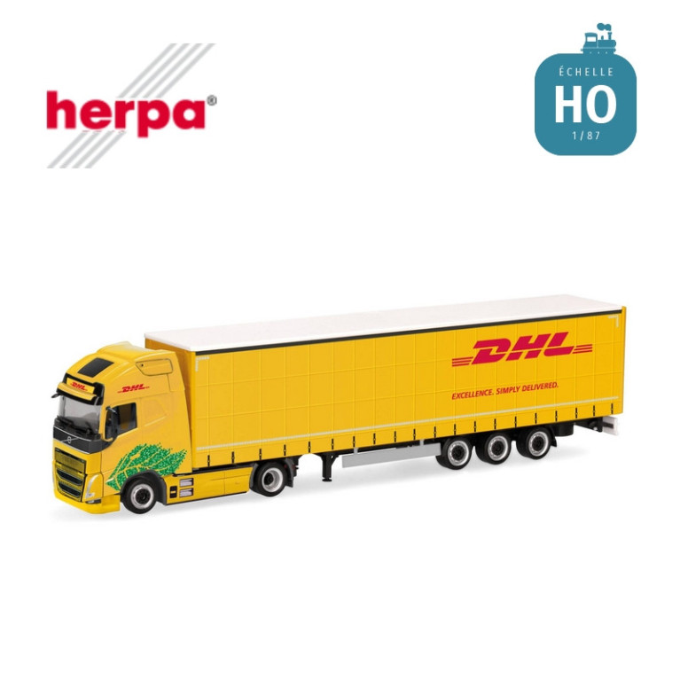 Camion semi-remorque Volvo FH GL XL à rideau électrique "DHL" HO Herpa 318952 - Maketis Camion semi-remorque Volvo FH GL XL à rideau électrique "DHL" HO Herpa 318952 - Maketis