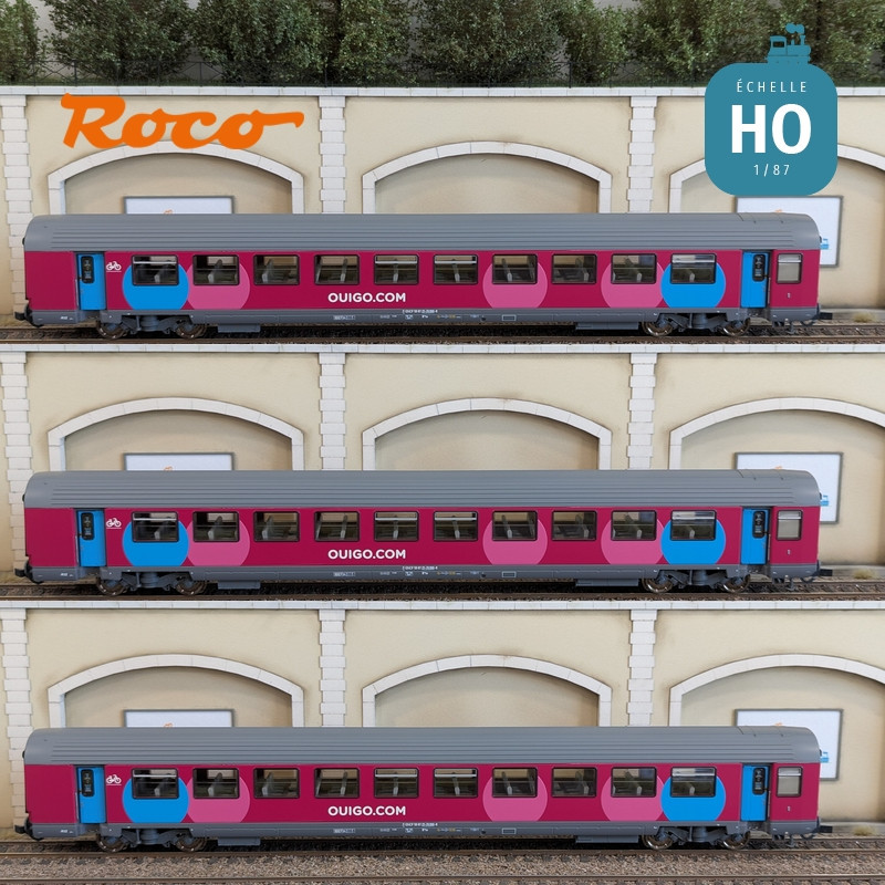 Set 3 voitures Corail VTU 2ème classe type B11tu Ouigo SNCF Ep VI HO Roco 6200025 - Maketis