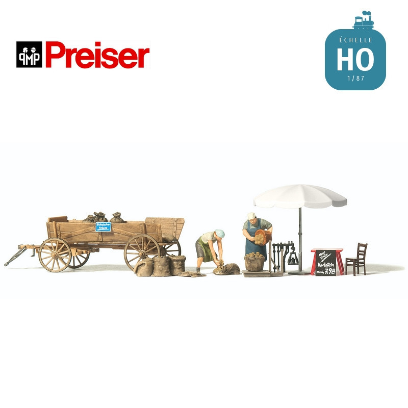 Etale de marché pour vente de pommes de terres avec charrette et figurines HO Preiser 10742 - Maketis