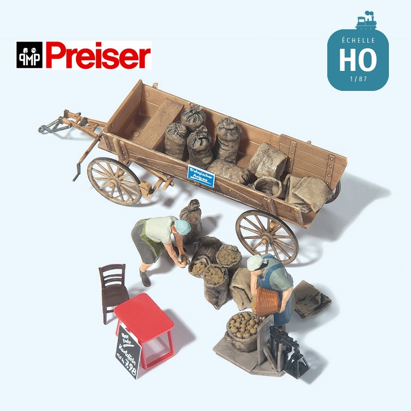 Etale de marché pour vente de pommes de terres avec charrette et figurines HO Preiser 10742 - Maketis